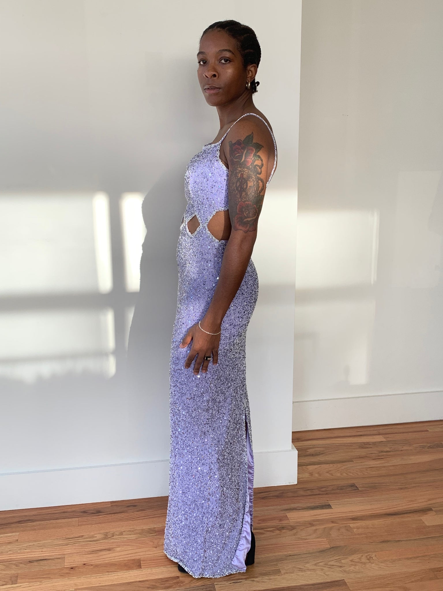 Beaded column dress with cut outs