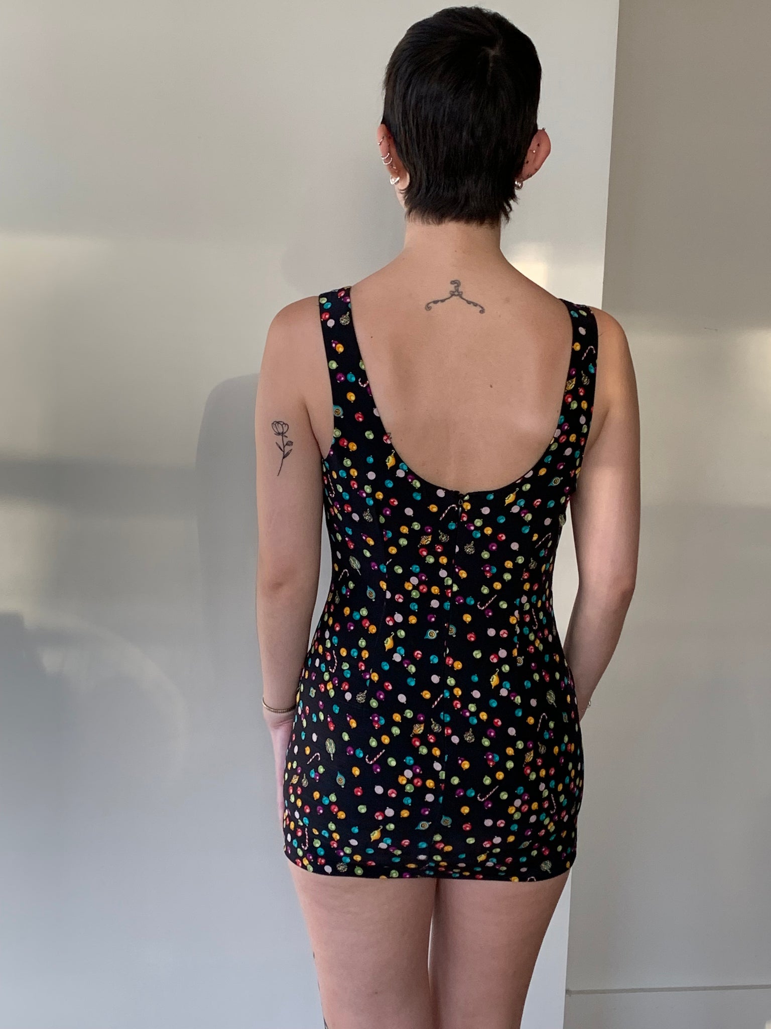 Holiday ornament printed mini dress