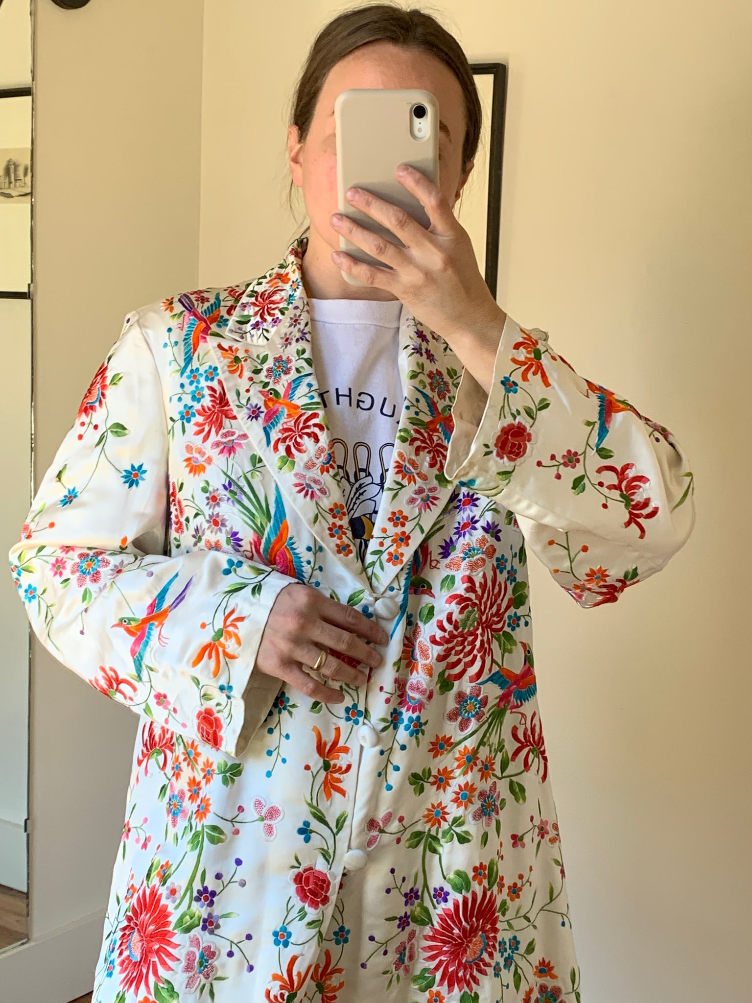 Vintage hand embroidered satin dress coat