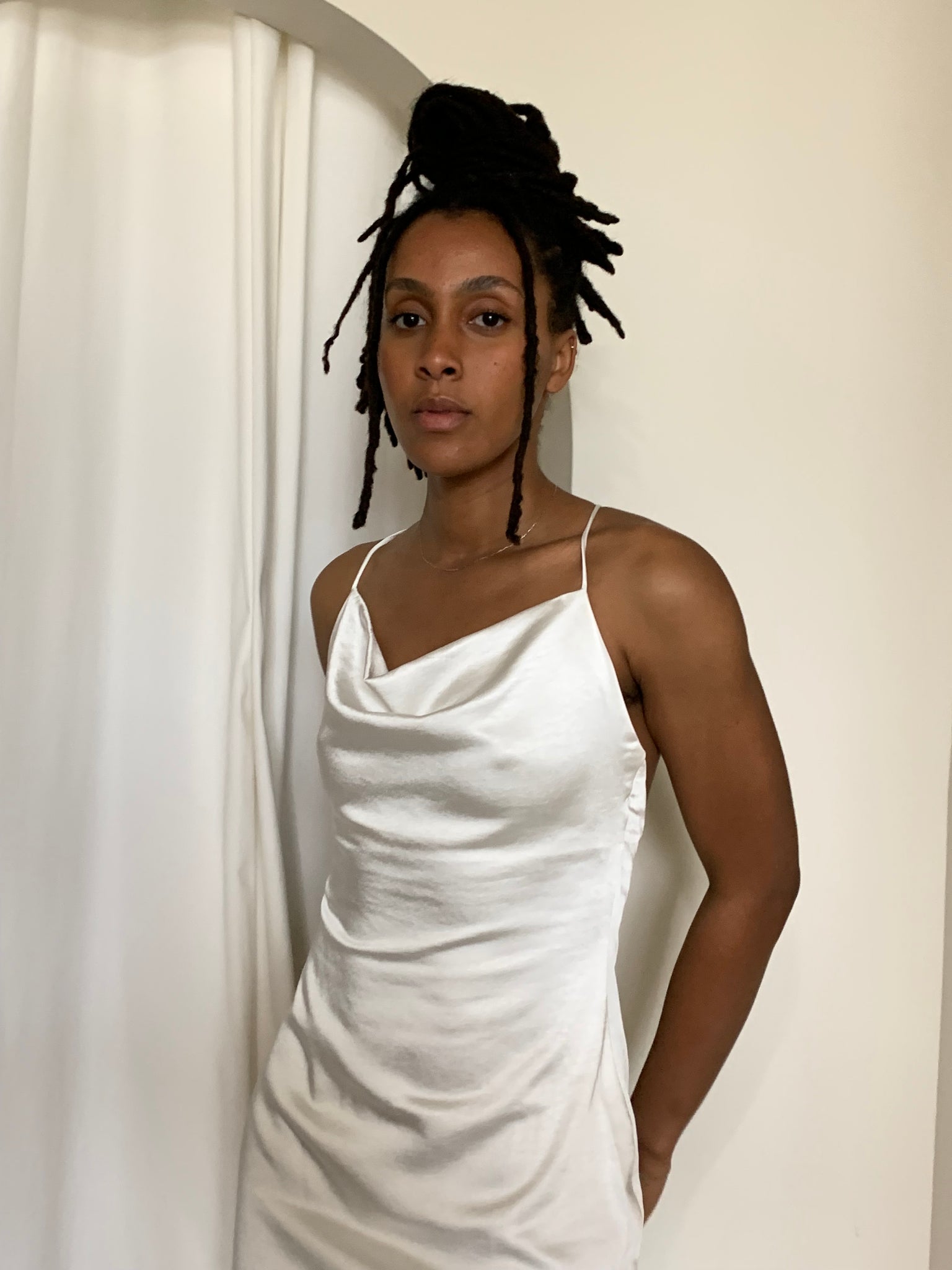 White satin cowl neck dress