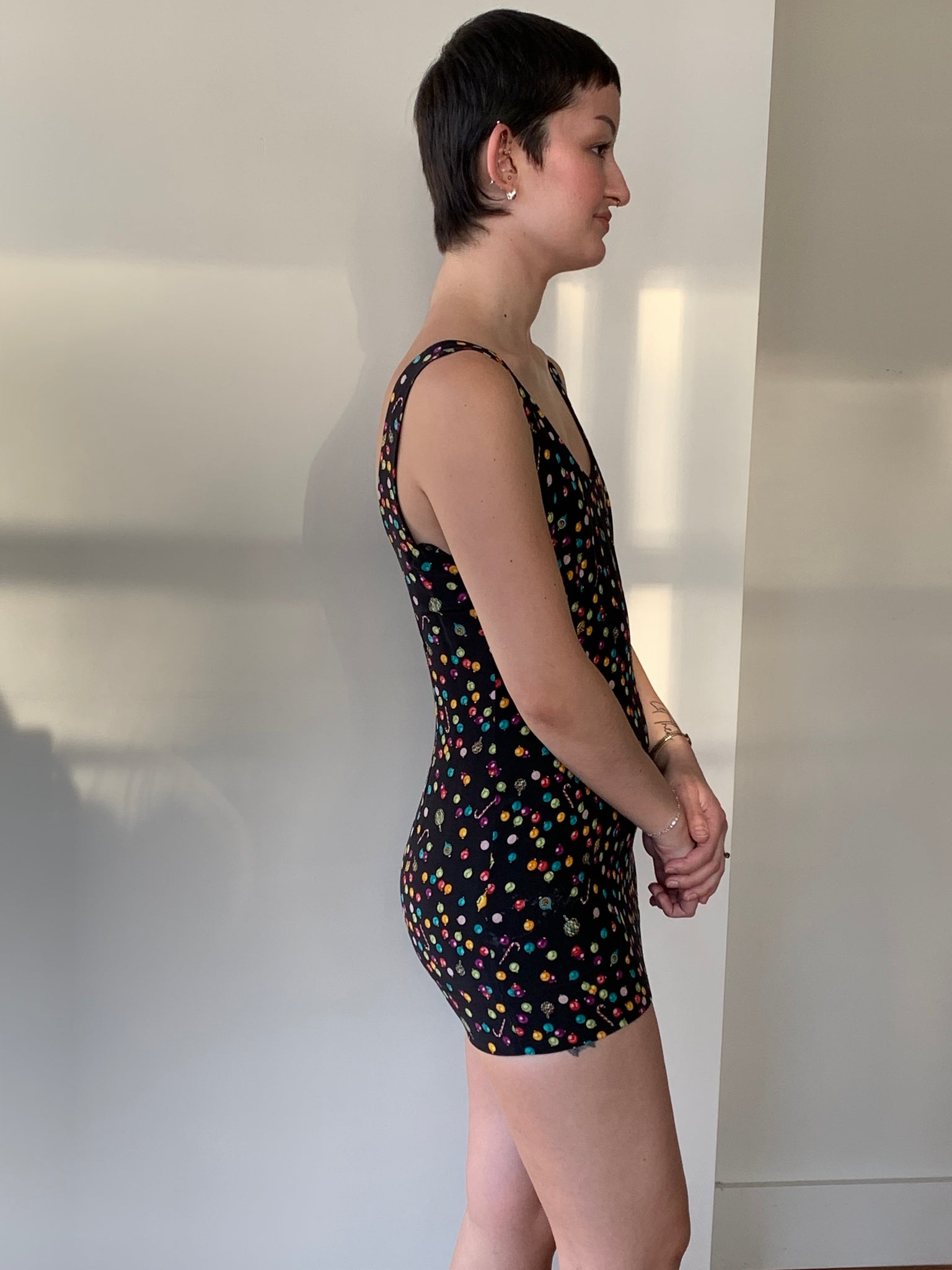 Holiday ornament printed mini dress