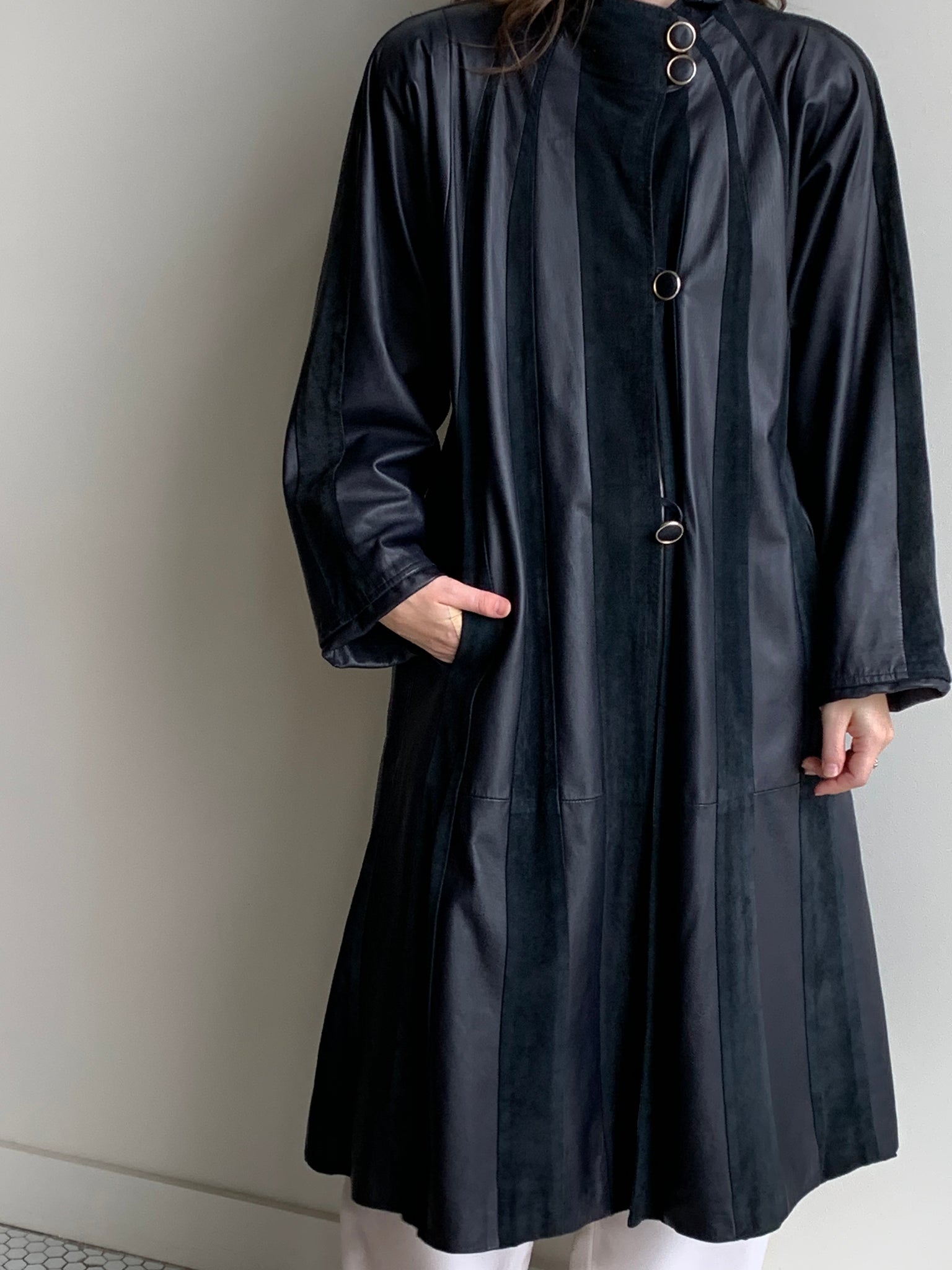 navy suede striped coat