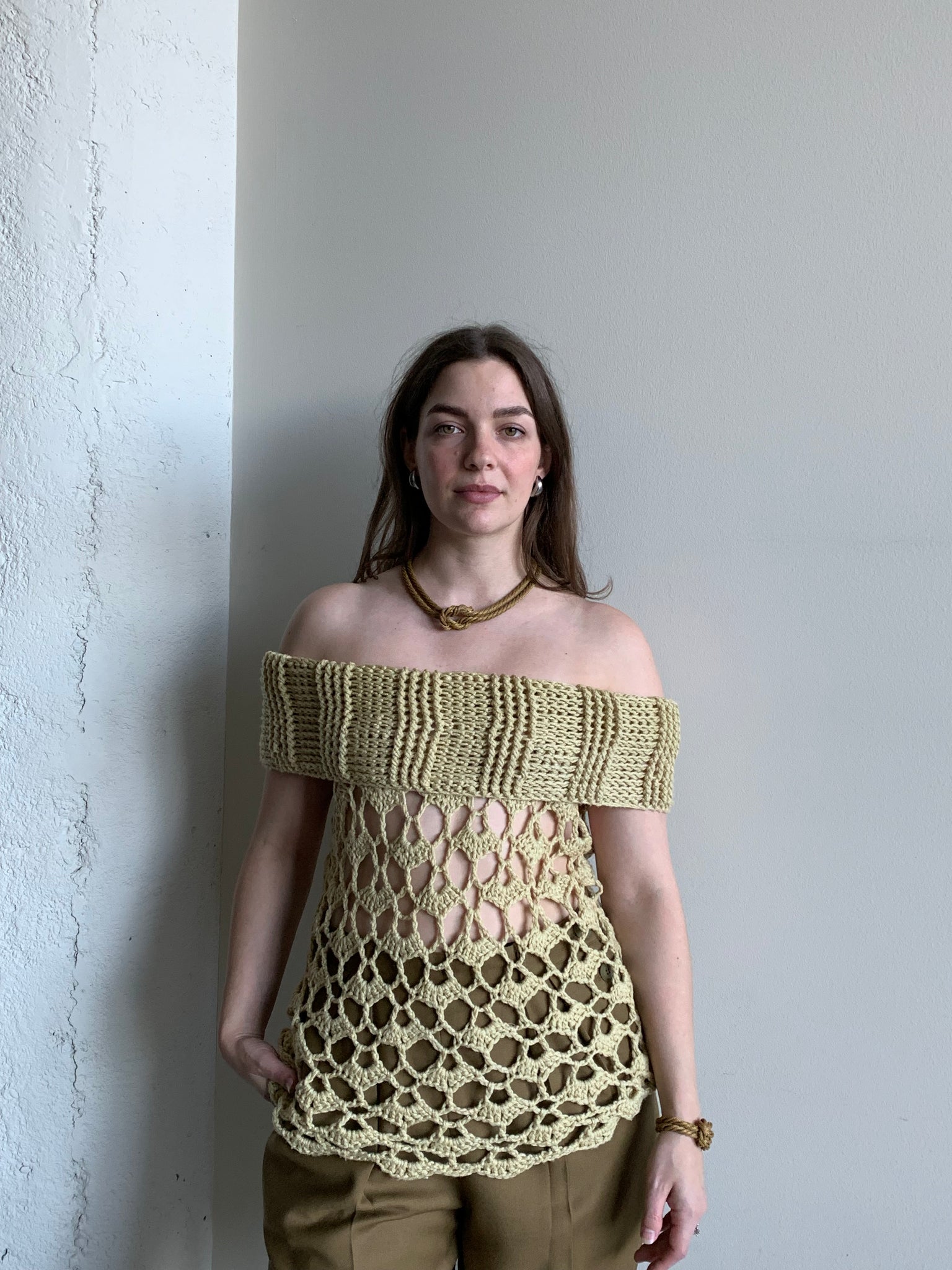 Crochet off shoulder knit top