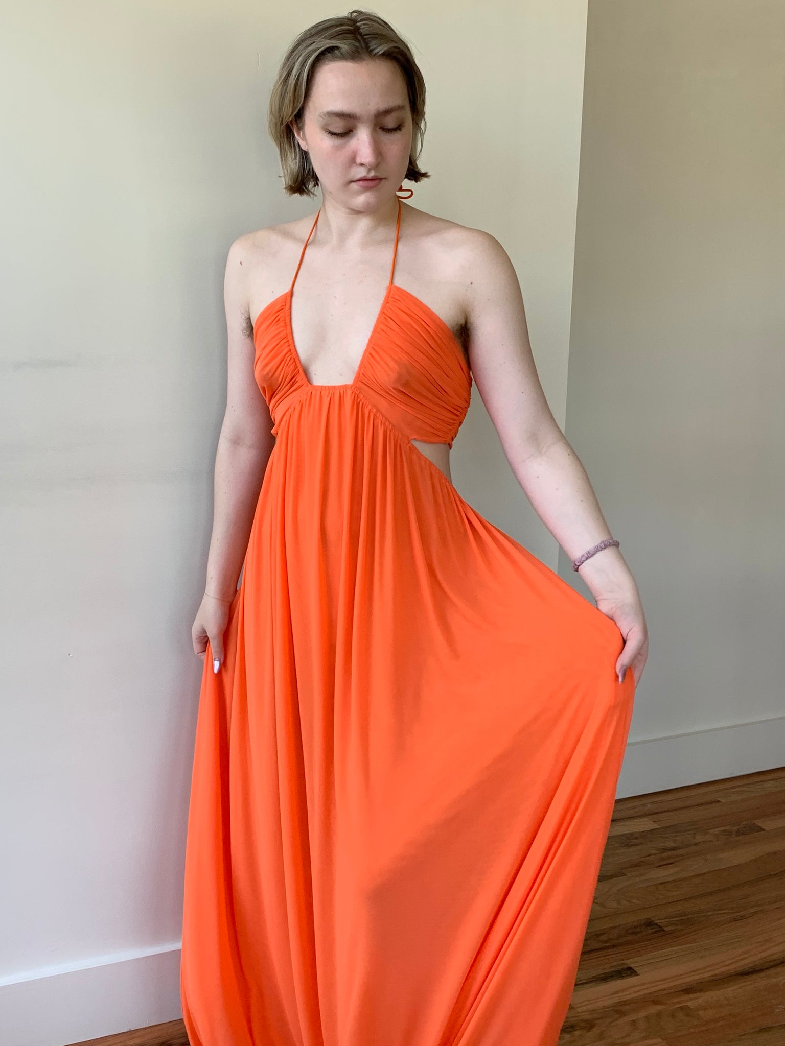 Staud orange mesh maxi dress