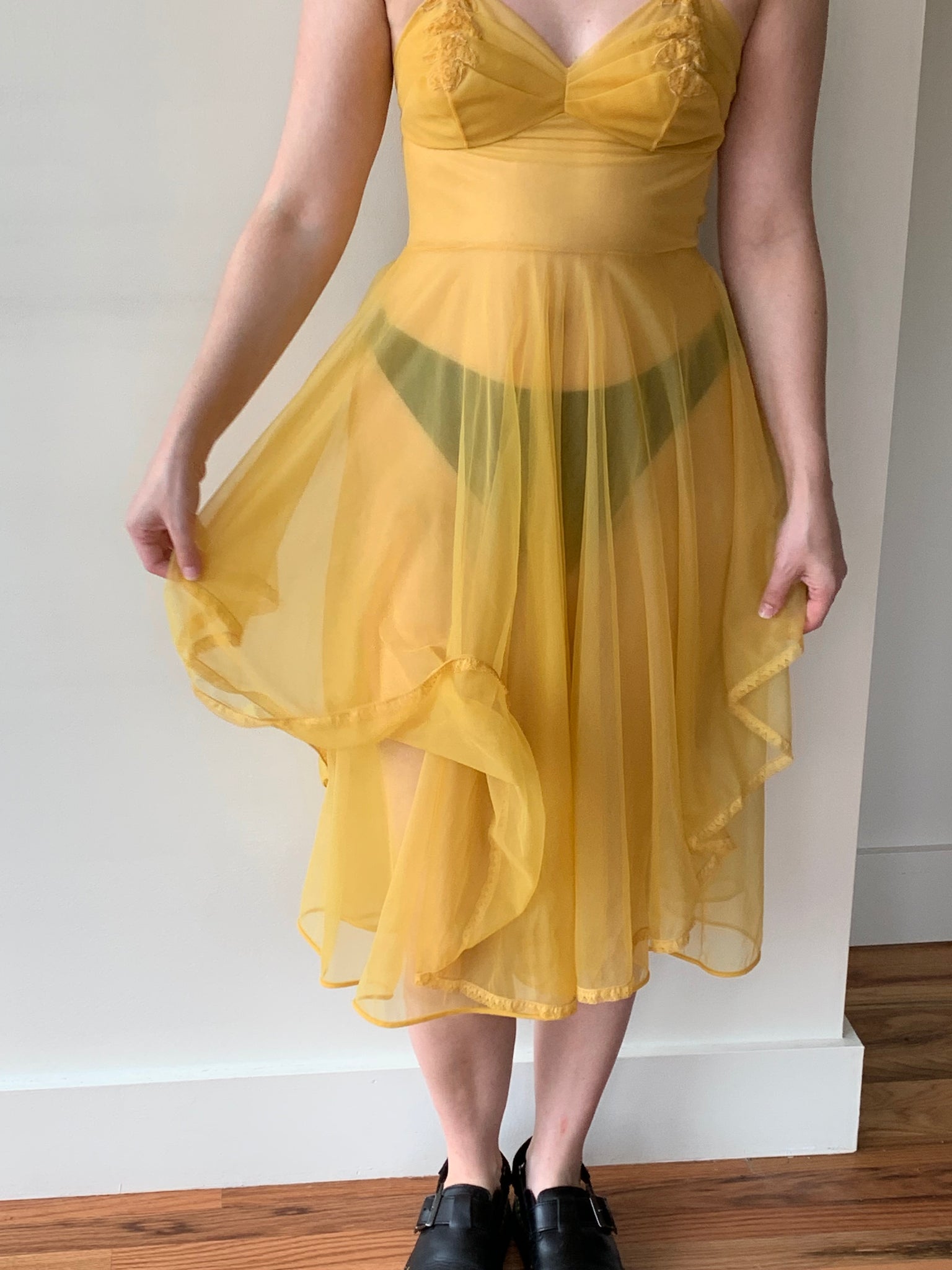 1950s yellow nylon slip dress
