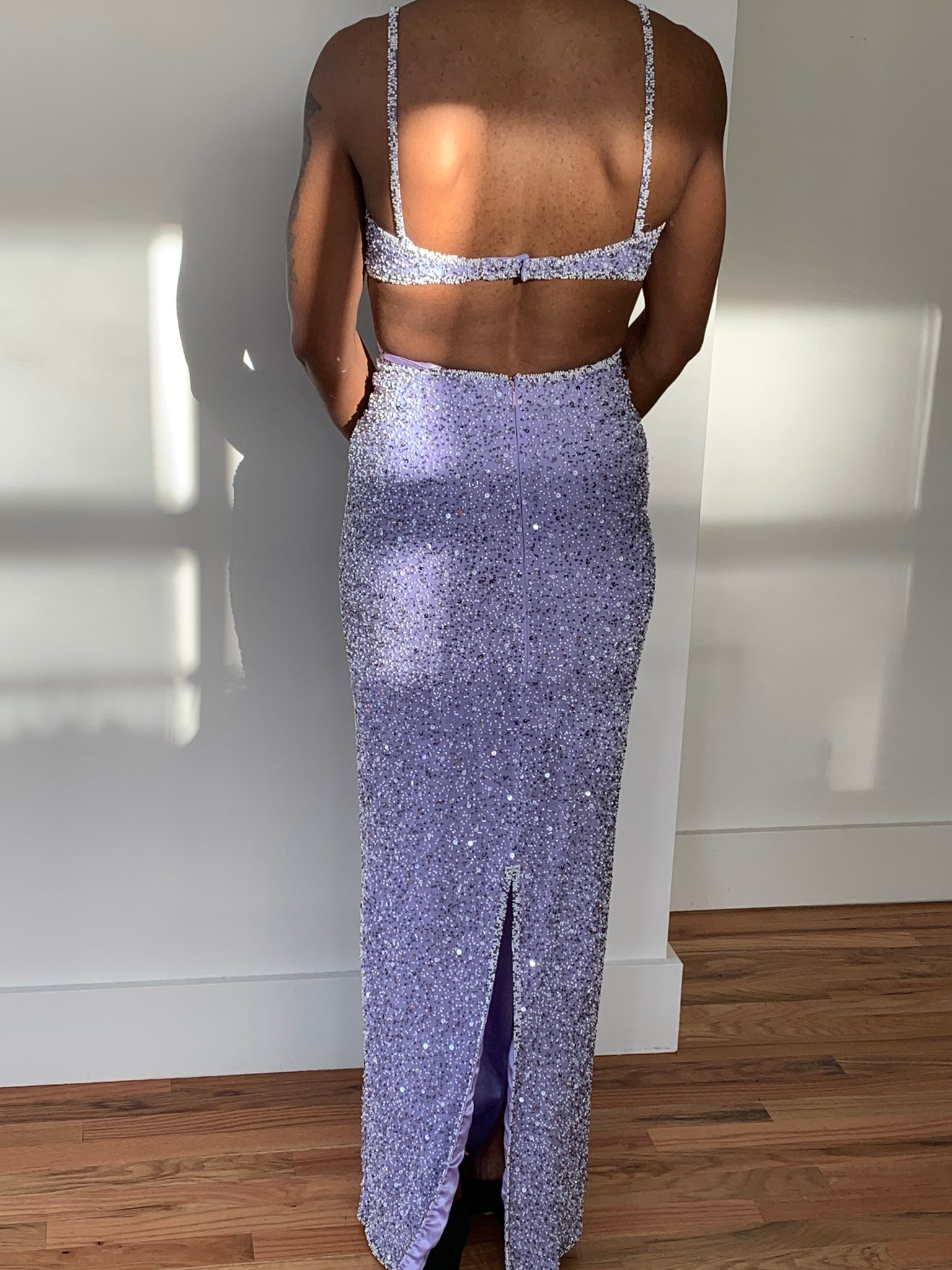 Beaded column dress with cut outs