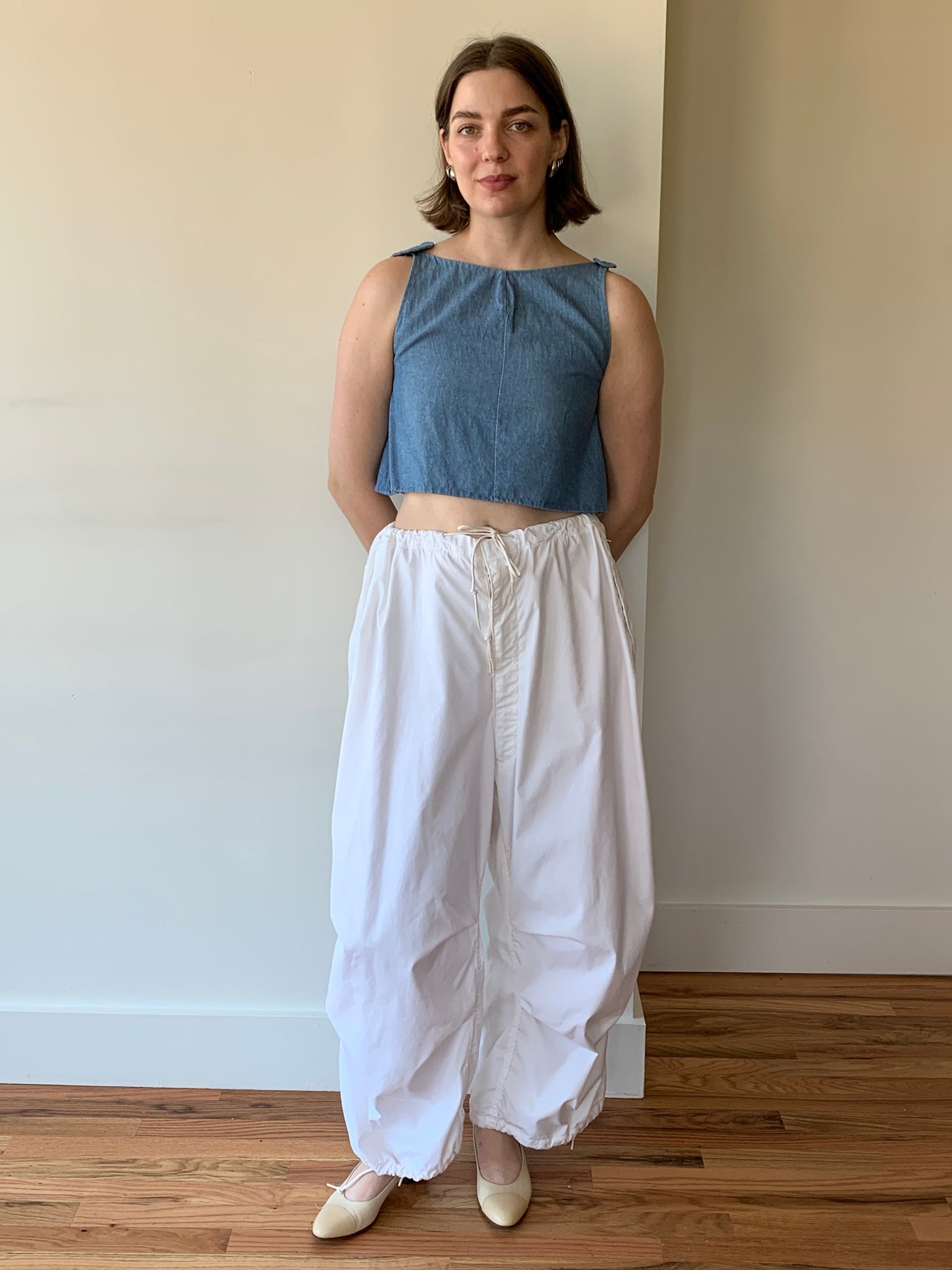 White utility drawstring pants