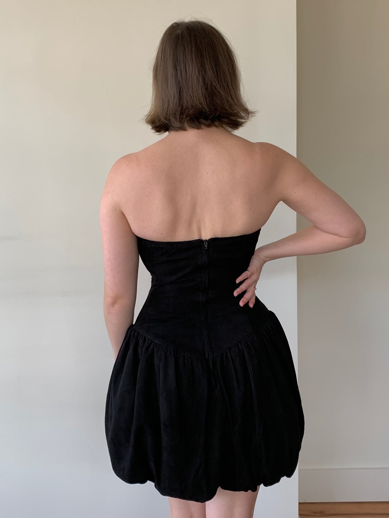 Suede strapless mini dress