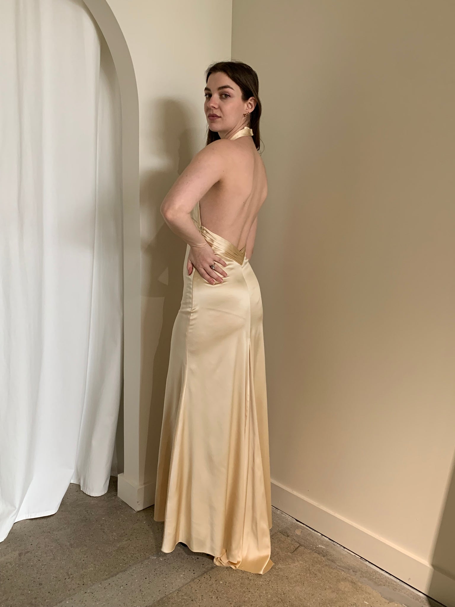 Tan silk halter dress