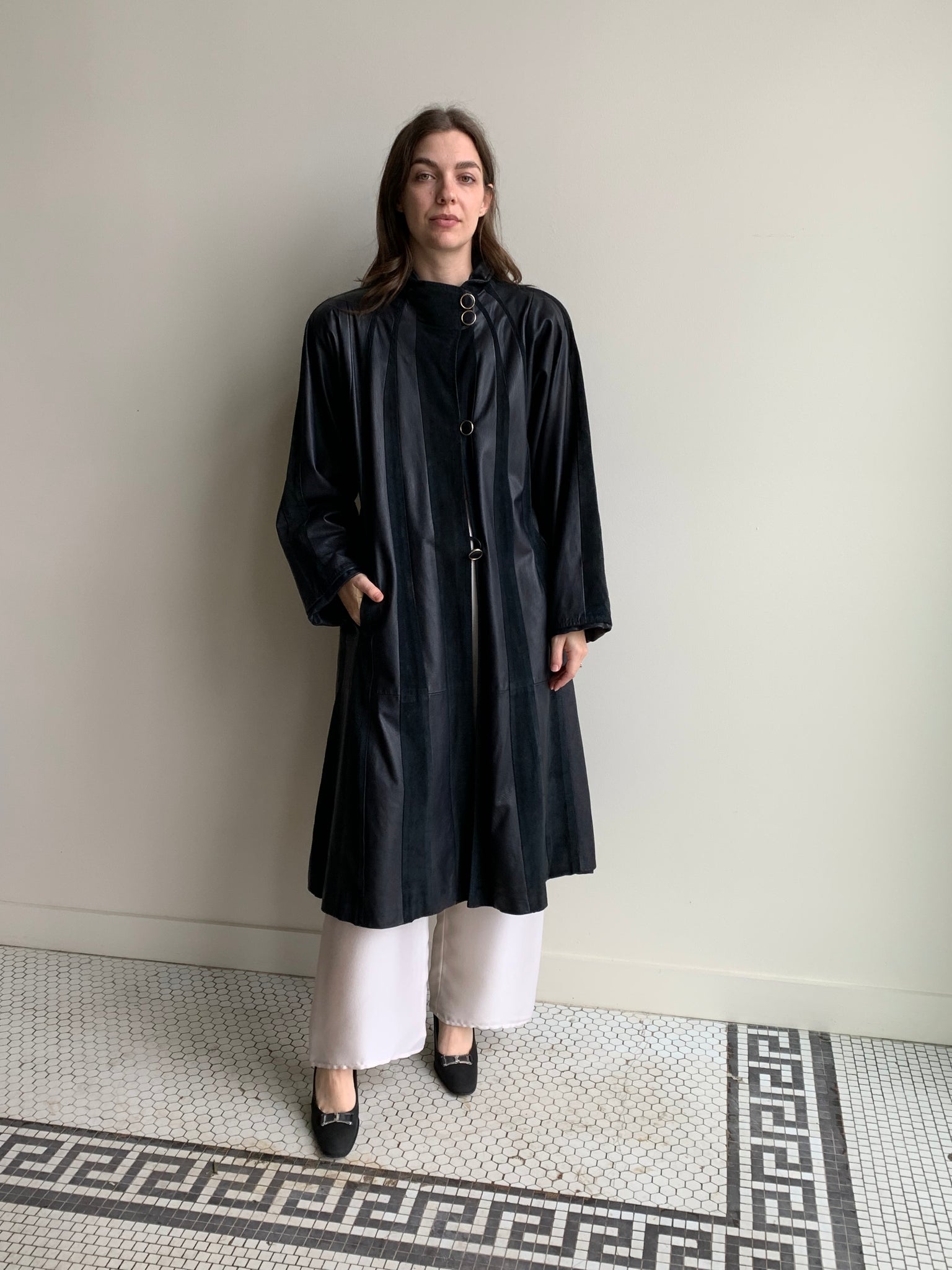 navy suede striped coat