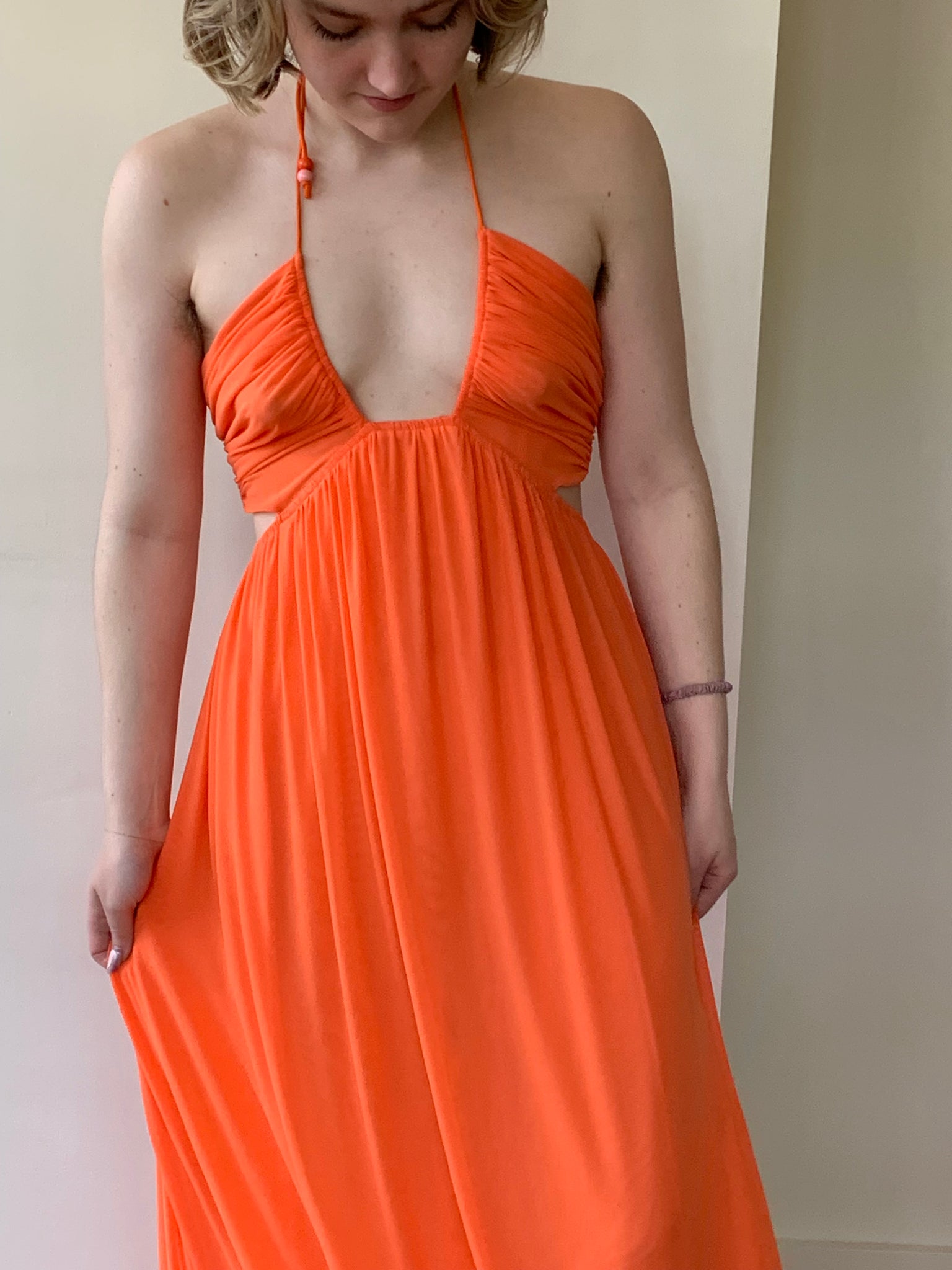 Staud orange mesh maxi dress