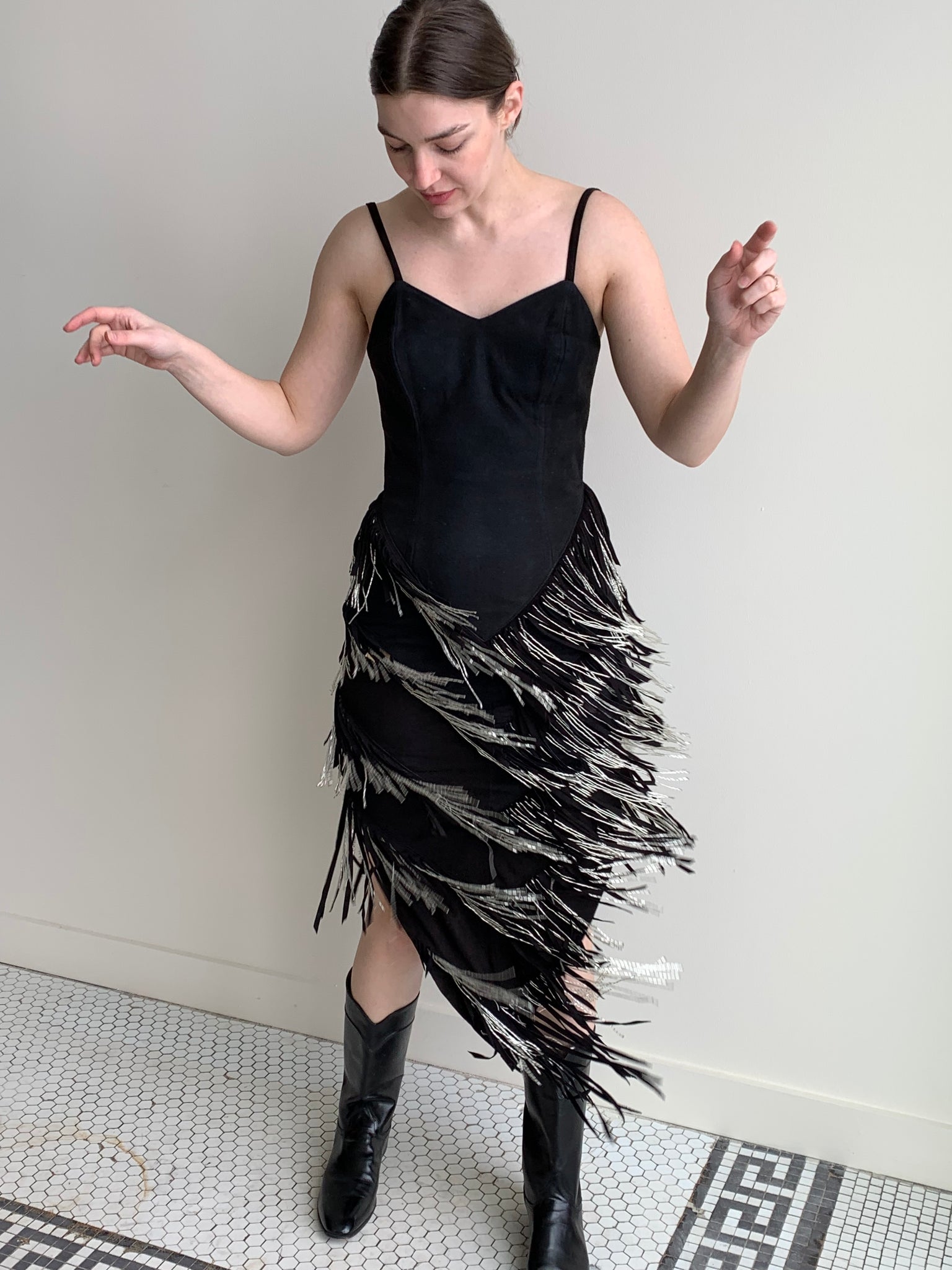 Beaded fringe suede dress