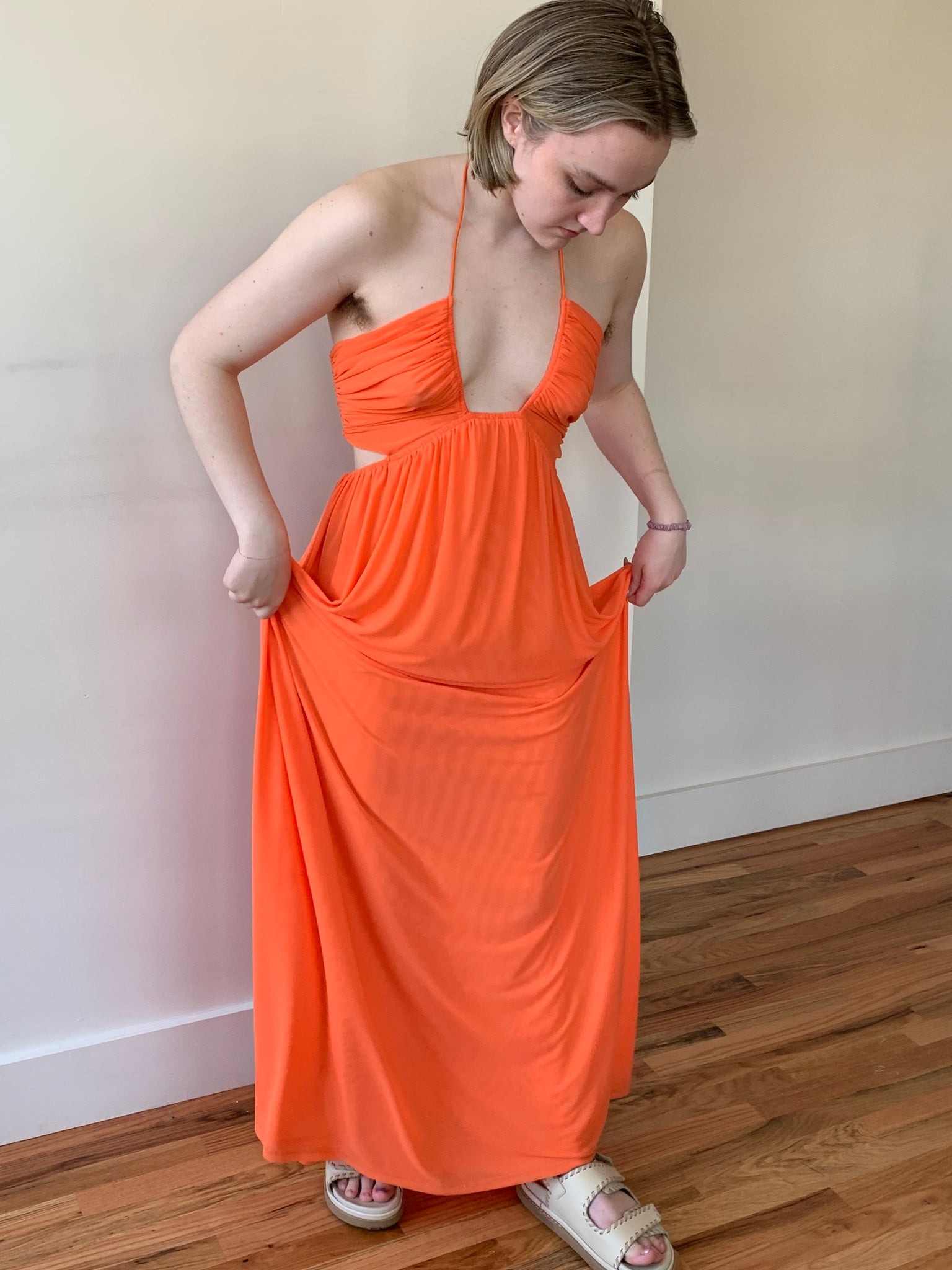 Staud orange mesh maxi dress
