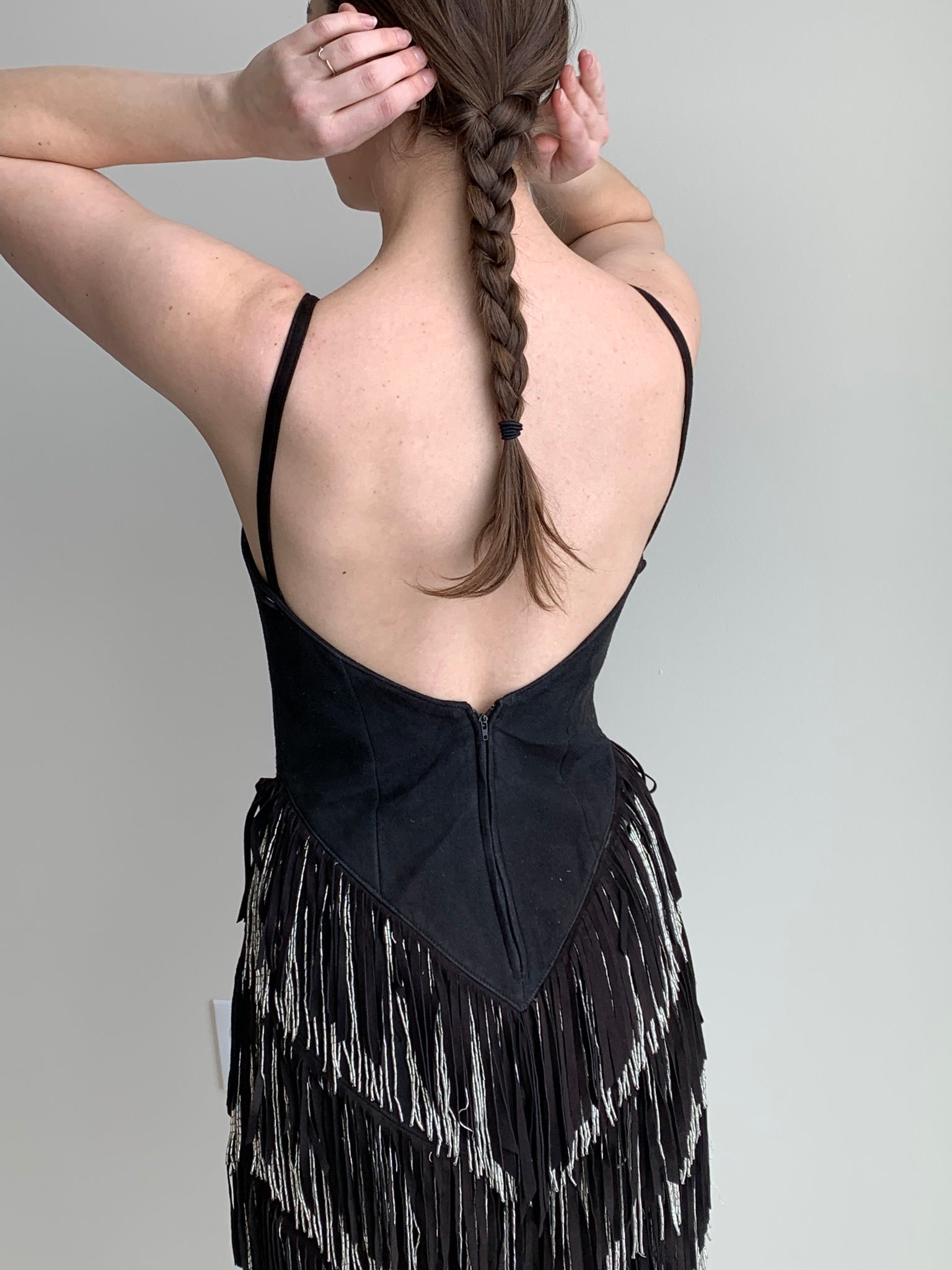 Beaded fringe suede dress