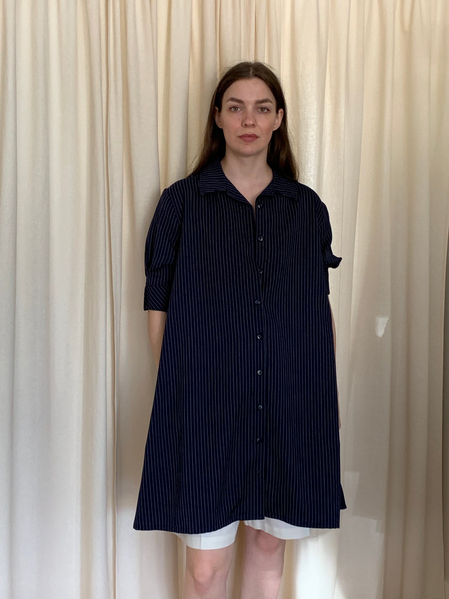 Navy pinstripe tunic dress