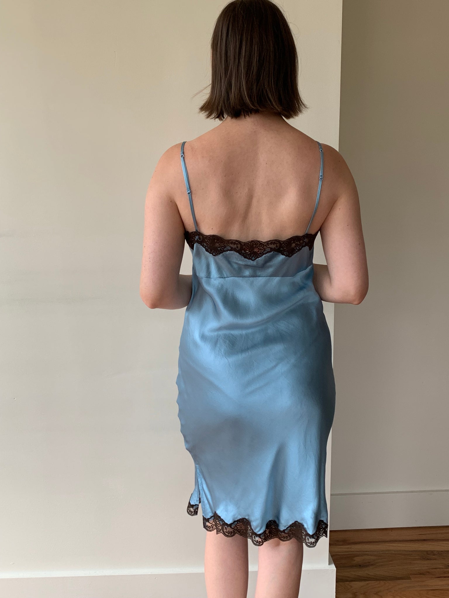 gold hawk blue slip dress