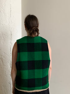 Green black buffalo plaid shearling vest
