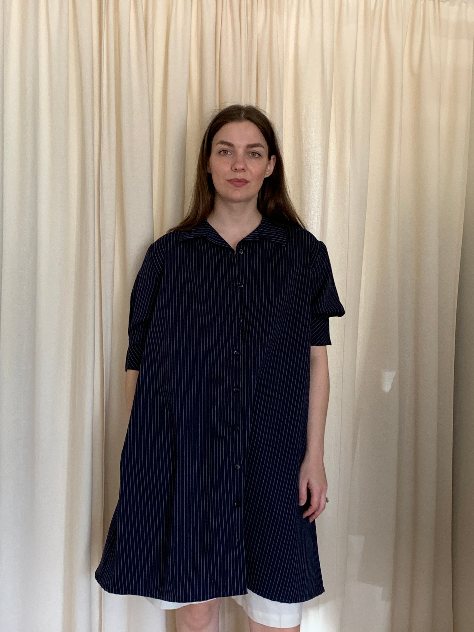 Navy pinstripe tunic dress
