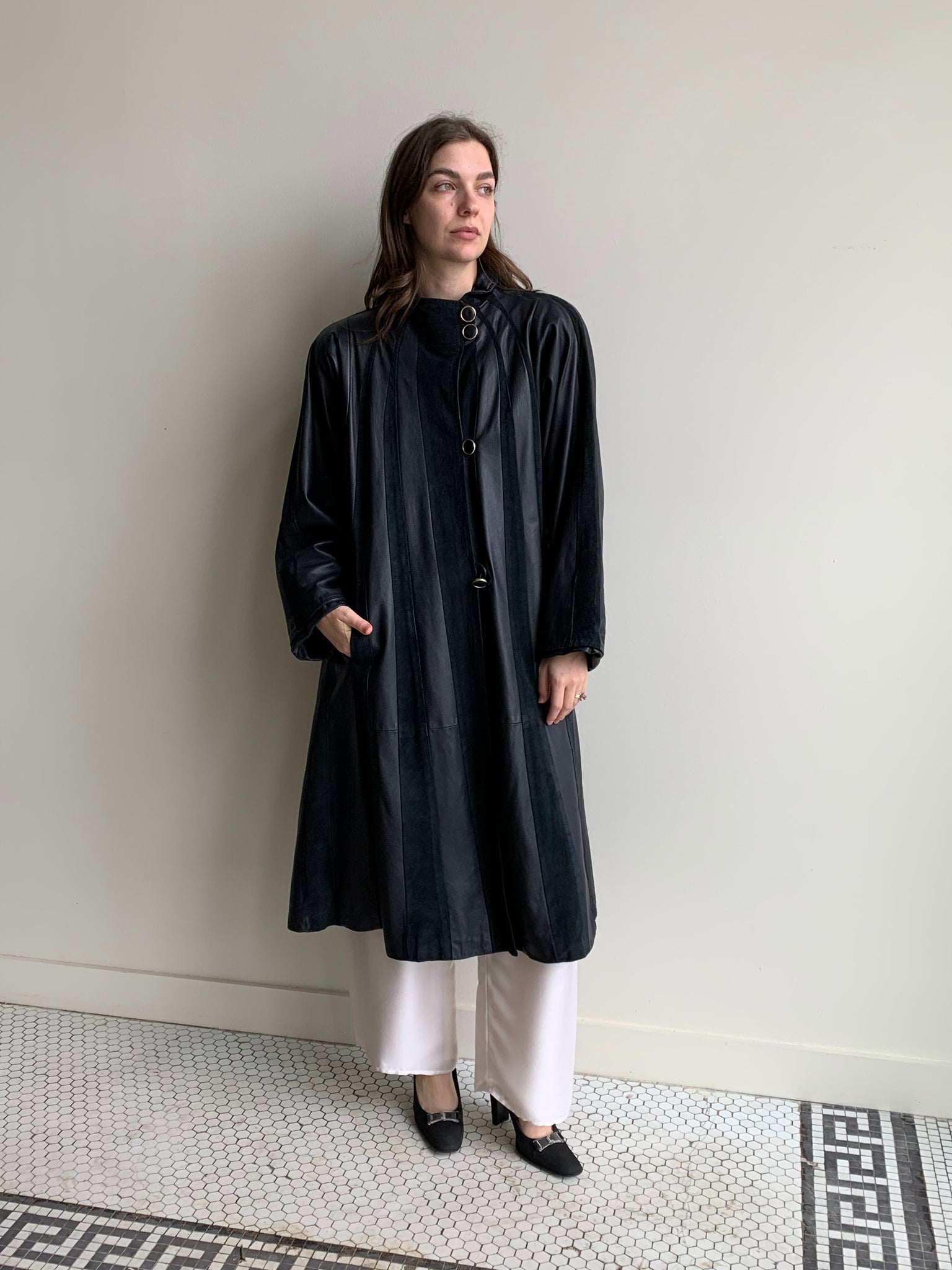 navy suede striped coat